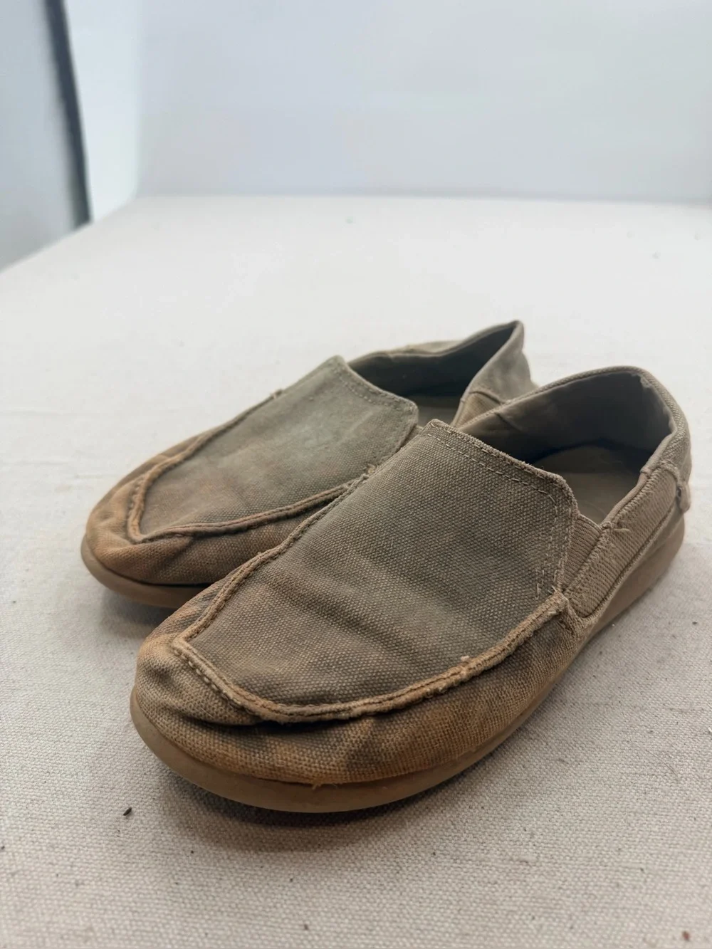 CROCS Canvas Slip-Ons in Olive and Tan